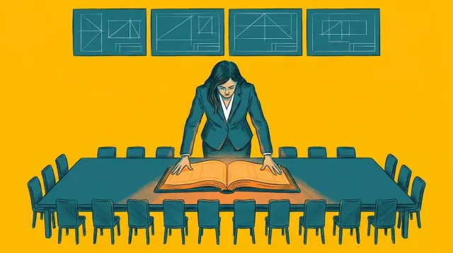 Жінка у тіловому костюмі притискає долоні до розкритої помаранчевої книги на довгому столі, навколо якого стоять 23 порожніх стільці — символ підписаного консенсусу