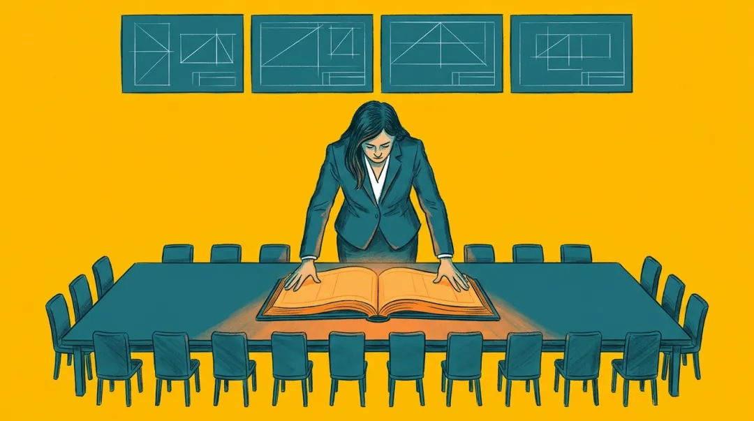 Жінка у тіловому костюмі притискає долоні до розкритої помаранчевої книги на довгому столі, навколо якого стоять 23 порожніх стільці — символ підписаного консенсусу