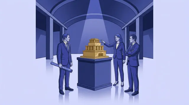 Латунно-золота маквета багатоярусної пенсійної конструкції стоїть на синьому постаменті в центрі великої порожньої склепінчастої зали; навколо неї три індиго-фігури в костюмах обговорюють модель: одна тримає згорнутий план, друга вказує на верхній ярус, третя стоїть зі схрещеними руками. Зала навколо порожня, жодних реальних будівель чи робіт не видно — концепція є, реалізації немає