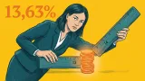 Жінка у бірюзовому костюмі тримає дві різні лінійки, притиснуті до однієї стопки помаранчевих монет — обидві показують різні значення.
