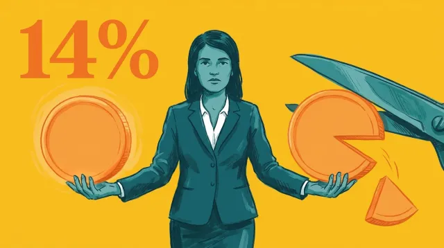 Жінка тримає в кожній долоні по великій помаранчевій монеті: ліва ціла, а з правої тілові ножиці відрізають клин.