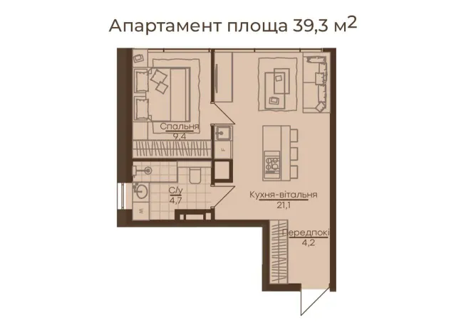 Апарт 227 — план апартаменту 39,3 м²