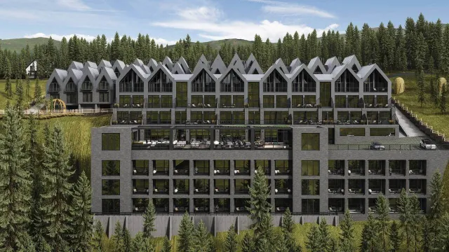 AMA FAMILY RESORT — рендер фасаду апарт-корпусу та котеджів на тлі карпатського лісу