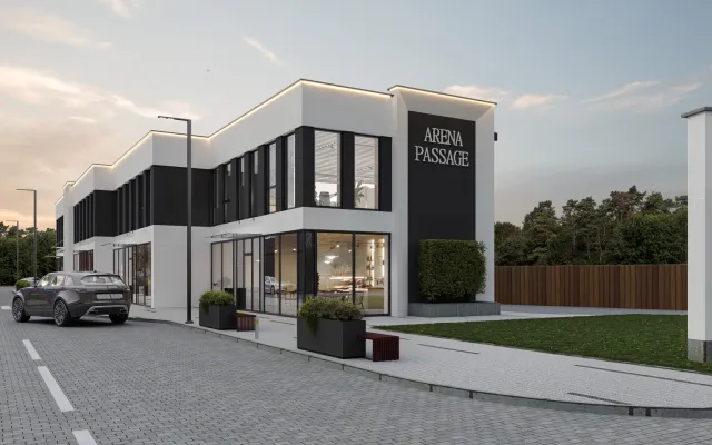 Рендер кутового фасаду Arena Passage з вечірнім підсвічуванням