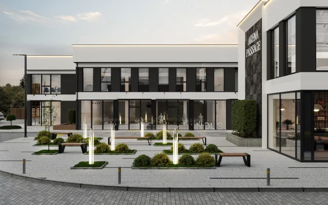 Рендер центральної площі Arena Passage з благоустроєм та підсвічуванням