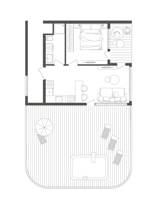 Планування юніта 1+1 з великою терасою (50 м² тераса)