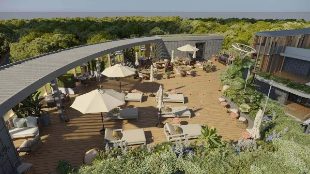 Rooftop тераса зі шезлонгами та ресторанною зоною