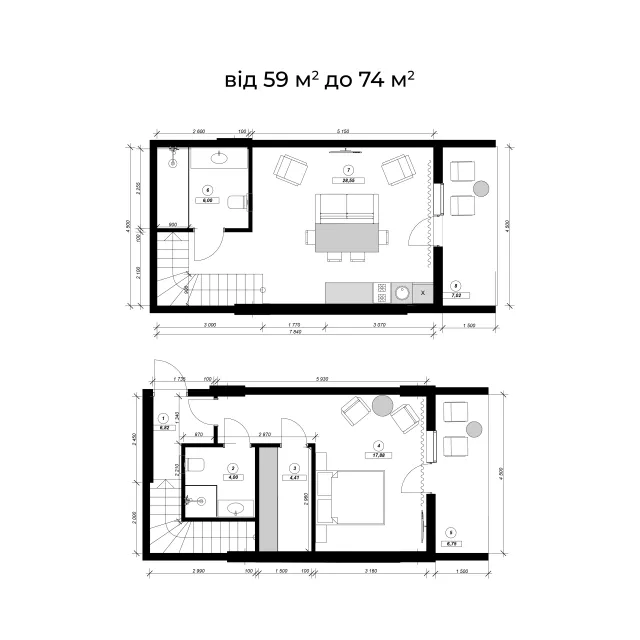 План апартамента Дуплекс ERWIN HALL (59–74 м²)