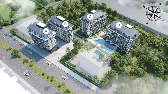 Hayat Dream Homes Аланья — аерофото-рендер комплексу з блоками A, B, C, D
