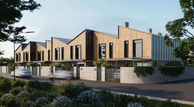 Koreni Club Town — фасад черги таунхаусів зі вулиці, рендер