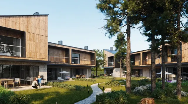 Koreni Club Town — внутрішній двір містечка з лісом, рендер