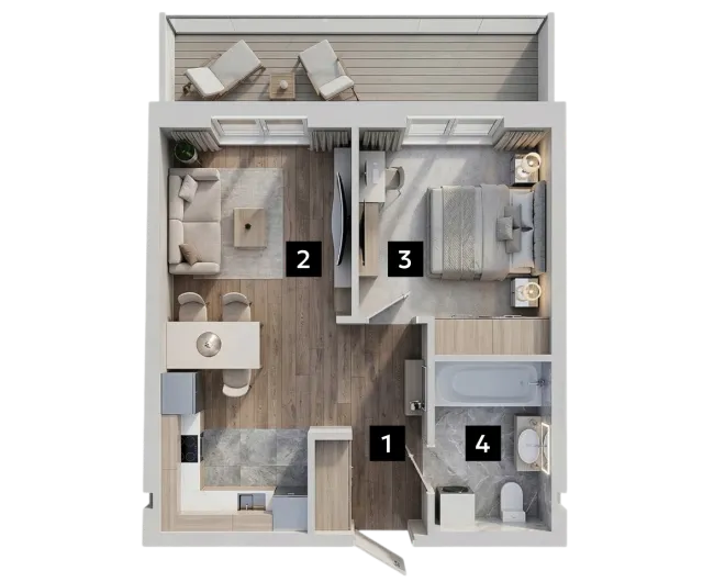 Планування 1В — 1-кімнатна квартира 47.60 м²