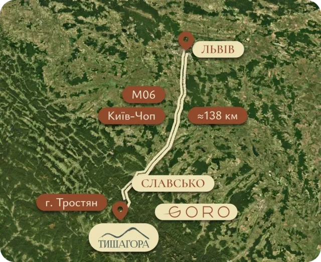 Схема розташування Тишагора: Slavske, Тростян, Goro, Lviv — 138 км