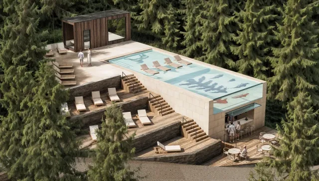 Рендер відкритого басейну та SPA-зони комплексу ВІРШІ